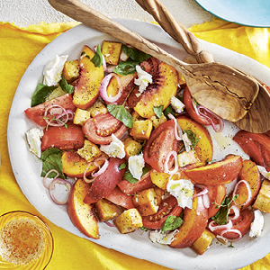 mid-summer tomato and peach panzanella