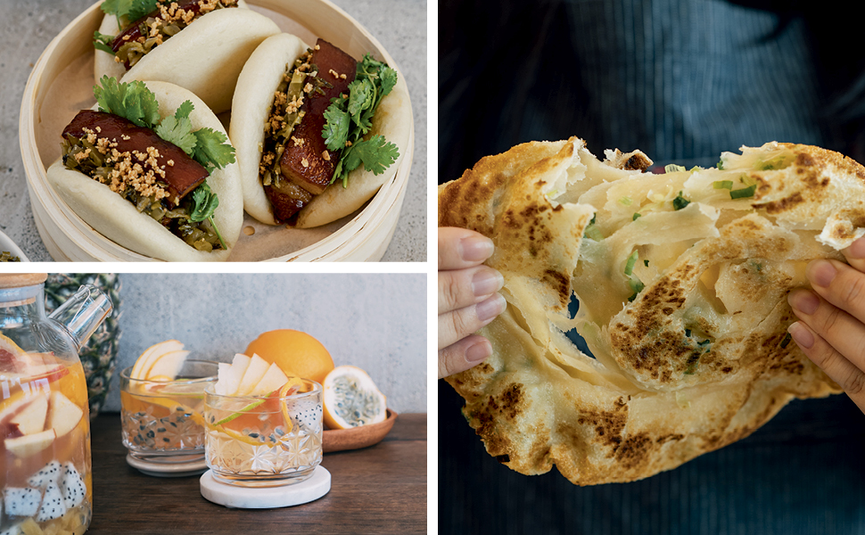 pork buns in bamboo steamer; fruit tea in glasses; scallion pancake being pulled apart