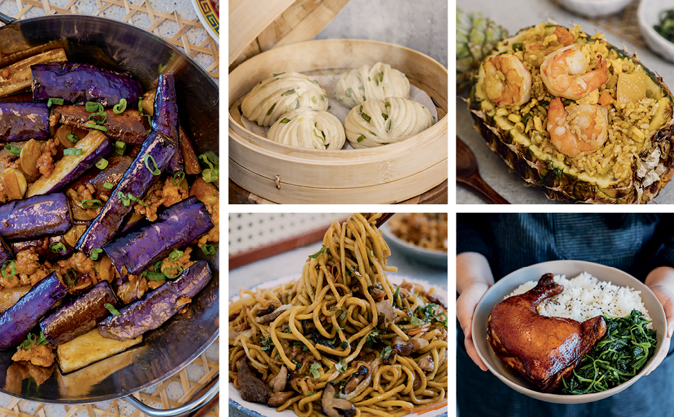 eggplant in skillet; dumplings in steamer; noodle bowl; shrimp rice in pineapple; chicken rice bowl