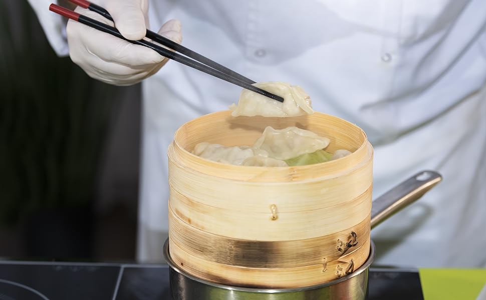 Chef using a Bamboo Steamer for cooking