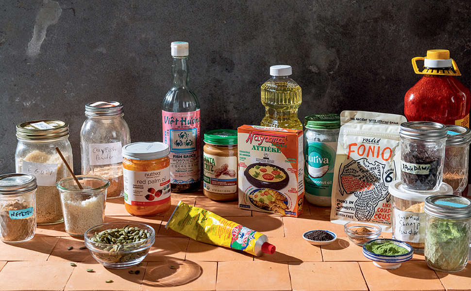 West African pantry ingredients on tile countertop