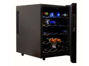 Koolatron's 20 bottle  thermo electric wine fridge, open, on a white background