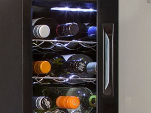 Closeup of the bright, heat-free, efficient interior light in the Koolatron wine fridge