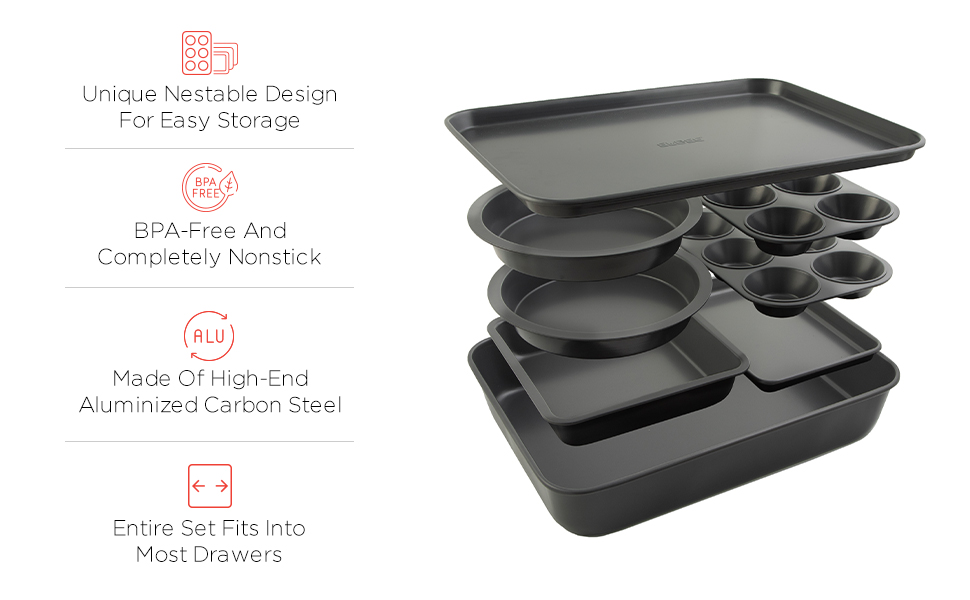 8 piece baking set space saving, elbee home 8 piece nonstick , 8 piece nonstick meal prep set, 