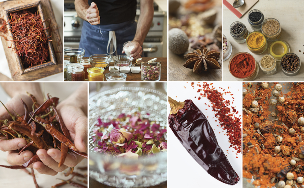 collage of various spices including dried chiles and star anise, and powdered spice blends