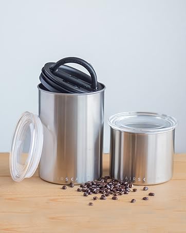 airscape stainless steel small and medium canisters with coffee beans