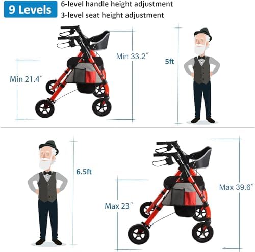 Heavy Duty Rollator Walker - Aluminum Rolling Walker for Seniors and Adults with Large Seat, Support Up 450 lbs (RED) - Image 4
