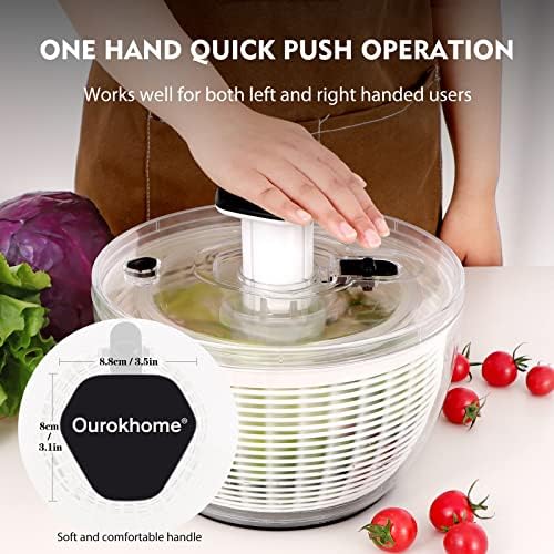 Ourokhome Salad Spinner Lettuce Dryer, One-handed Easy Press Large Vegetable Dryer Salad Mixer with Comfortable and Retractable Pusher and Brake Button for Greens, Herbs, Berries, Fruits, 6.3 QT - Image 2