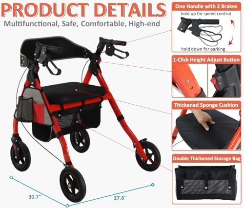 Heavy Duty Rollator Walker - Aluminum Rolling Walker for Seniors and Adults with Large Seat, Support Up 450 lbs (RED) - Image 5