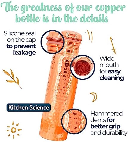 Copper Water Bottle (34oz/1000ml) w/a Carrying Canvas Bag | 100% Pure Copper Bottle for Drinking Water | Lab-Tested, Heavy Duty & Leak-Proof | Authentic Ayurvedic Copper Water Bottle - Image 4