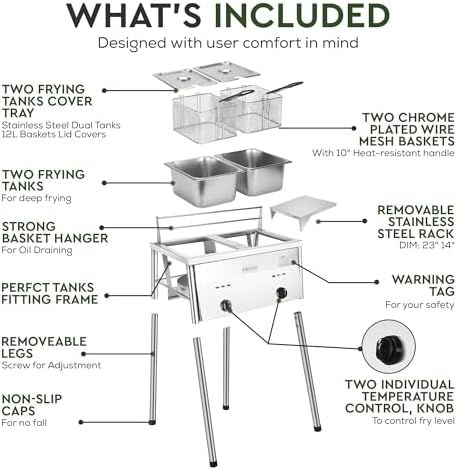 Two Tank Outdoor Deep Fryer with Thermometer Fish Fryer, CSA Certified Propane Deep Fryer with 2 Stainless Steel Baskets and Lids Gas Deep Fryer with Adjustable Temperature Regulator - Image 3