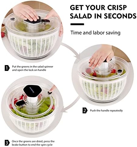 Ourokhome Salad Spinner Lettuce Dryer, One-handed Easy Press Large Vegetable Dryer Salad Mixer with Comfortable and Retractable Pusher and Brake Button for Greens, Herbs, Berries, Fruits, 6.3 QT - Image 6