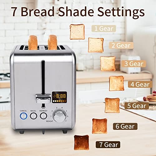 SEEDEEM Toaster 2 Slice, Stainless Steel Bread Toaster Color LCD Display, 7 Bread Shade Settings, 1.4'' Wide Slots Toaster Bagel/Defrost/Reheat Functions, Removable Crumb Tray, 900W, Silver Metallic - Image 3
