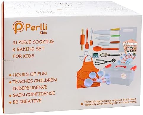 PERLLI Kids Cooking and Baking Supplies Gift Set with Storage Container - Complete Junior Chef Cooking Set, Girls & Boys Childrens Real Bakeware Equipment, Utensils & Accessories for Kids - Orange - Image 8