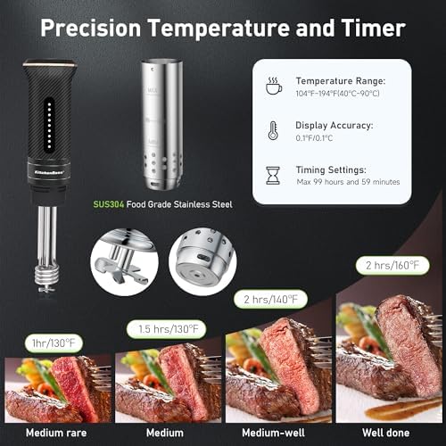 KitchenBoss Wifi Sous Vide Machine: Ultra-quiet Precision Sous-vide Cooker Immersion Circulator APP Control, IPX7 Waterproof Stainless Steel 1100W Professional Low Temperature Cooking Machines, Black - Image 6