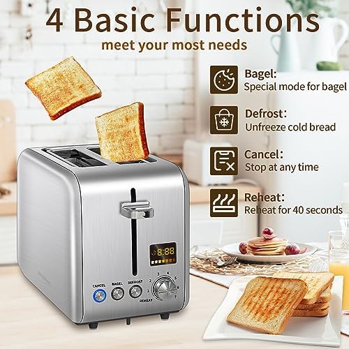 SEEDEEM Toaster 2 Slice, Stainless Steel Bread Toaster Color LCD Display, 7 Bread Shade Settings, 1.4'' Wide Slots Toaster Bagel/Defrost/Reheat Functions, Removable Crumb Tray, 900W, Silver Metallic - Image 4