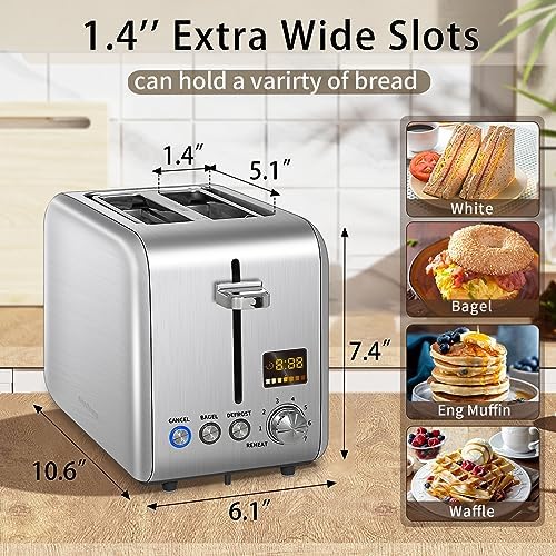 SEEDEEM Toaster 2 Slice, Stainless Steel Bread Toaster Color LCD Display, 7 Bread Shade Settings, 1.4'' Wide Slots Toaster Bagel/Defrost/Reheat Functions, Removable Crumb Tray, 900W, Silver Metallic - Image 2