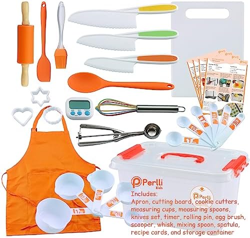 PERLLI Kids Cooking and Baking Supplies Gift Set with Storage Container - Complete Junior Chef Cooking Set, Girls & Boys Childrens Real Bakeware Equipment, Utensils & Accessories for Kids - Orange - Image 2