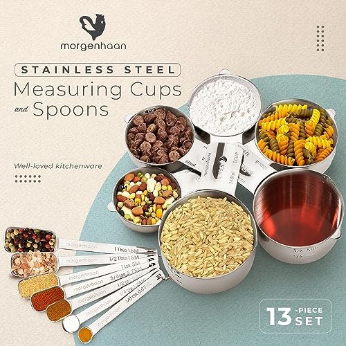 Stainless Steel Measuring Cups & Spoons Set - Heavy Duty, Stackable 13-Piece Set - Dry Foods, Liquids, Dishwasher-safe - Professional Metal Kitchen Utensils By Morgenhaan - Image 2
