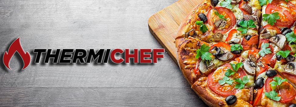 ThermiChef Logo with Pizza on Rustic Wood Background