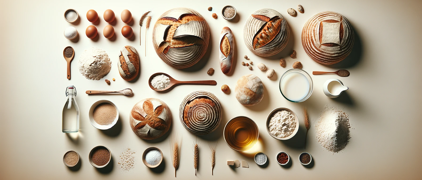 Sourdough bread loaves and their ingredients on a minimalist background