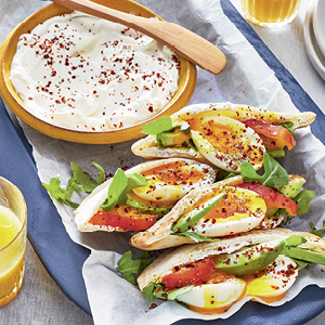 breakfast pitas with soft-boiled eggs and labneh