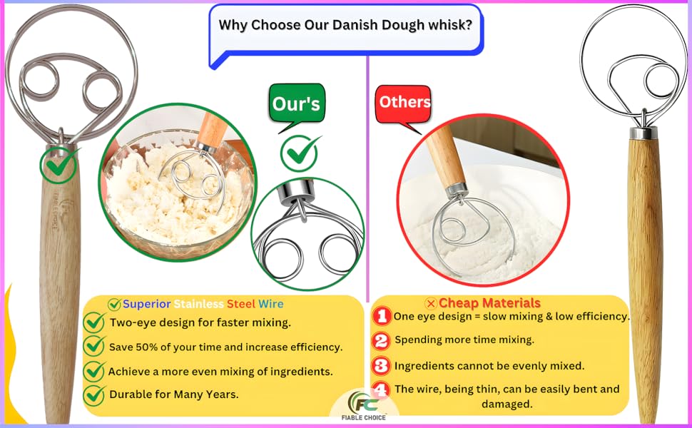 Danish Dough Whisk for Effortless Mixing, Handcrafted Danish Bread Mixer Tools 