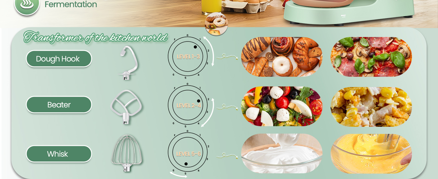 various attachments for bread, salad and cream