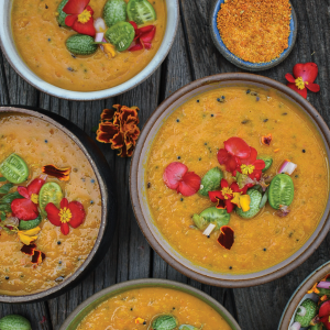 Summer Tomato and Carrot Soup with Cucumber Pickle