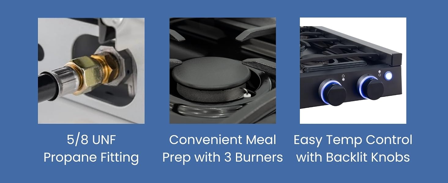 5/8 UNF propane fitting. Convenient meal prep with 3 burners. Easy temperature control knobs.