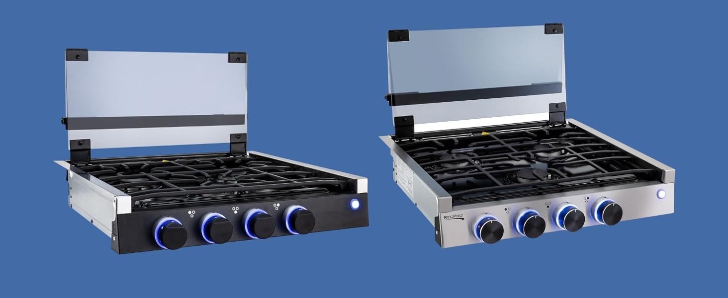 Stainless steel and black 3 burner cooktop.