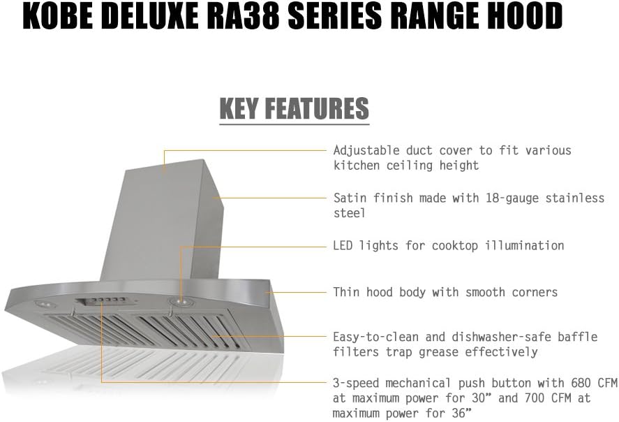 KOBE RA3836SQB-WM-5 Deluxe 36" Wall Mount Range Hood, 3-Speed, 700 CFM, LED Lights, Baffle Filters, Stainless steel - Image 2