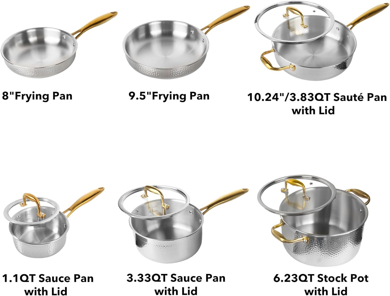 imarku Stainless Steel Pots and Pans Set, 10-Piece Tri-Ply Hammered Stainless Steel Cookware Set with Gold Handle, Professional Induction Kitchen Cookware Sets, Oven Dishwasher Safe, Non Toxic - Image 2