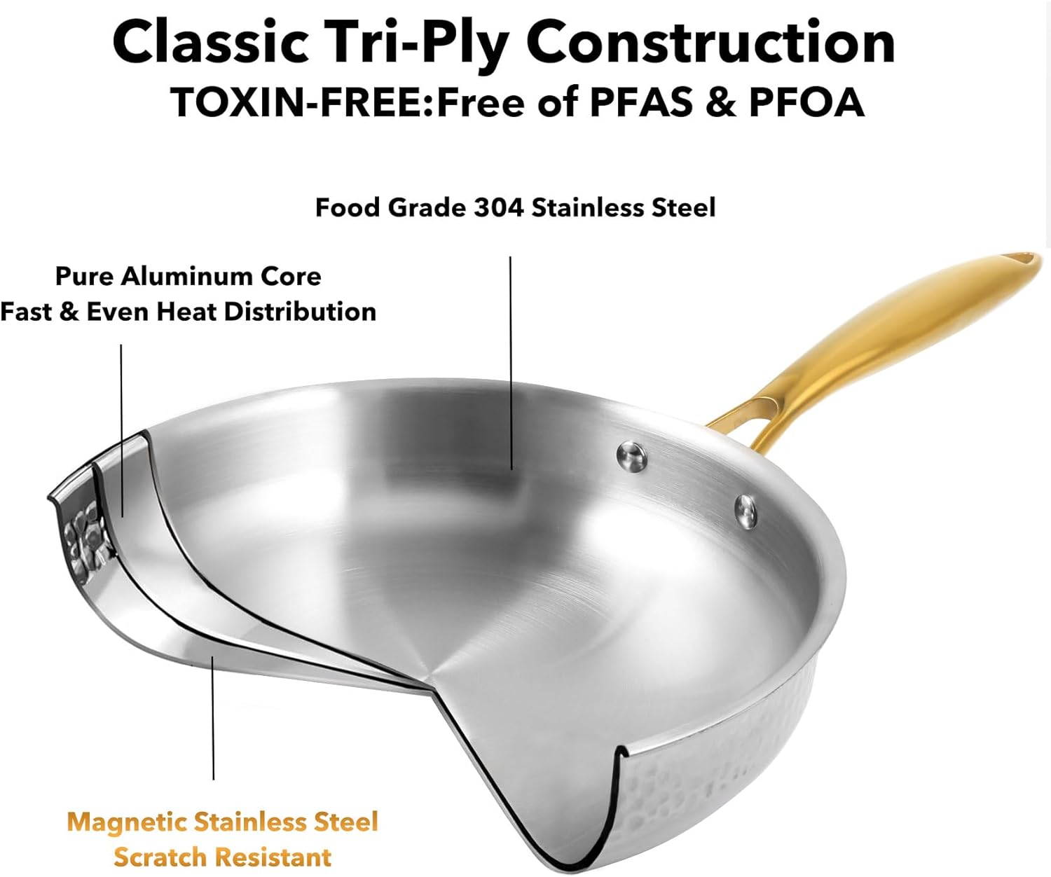 imarku Stainless Steel Pots and Pans Set, 10-Piece Tri-Ply Hammered Stainless Steel Cookware Set with Gold Handle, Professional Induction Kitchen Cookware Sets, Oven Dishwasher Safe, Non Toxic - Image 3