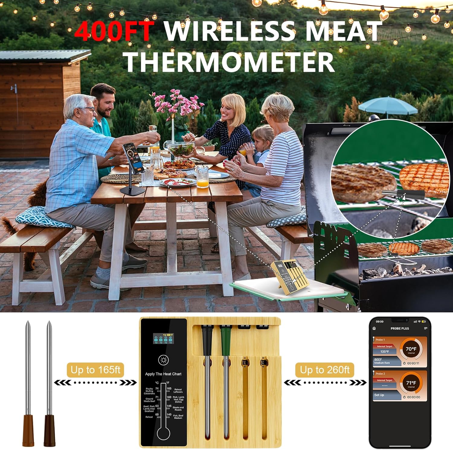 4-Probe Wireless Meat Thermometer, 400FT Wireless Range Bluetooth Meat Thermometer Digital, Probe Lasts Up to 16 Hours, Instant Read Food Thermometer for Oven, Smoker, Grill - Image 2