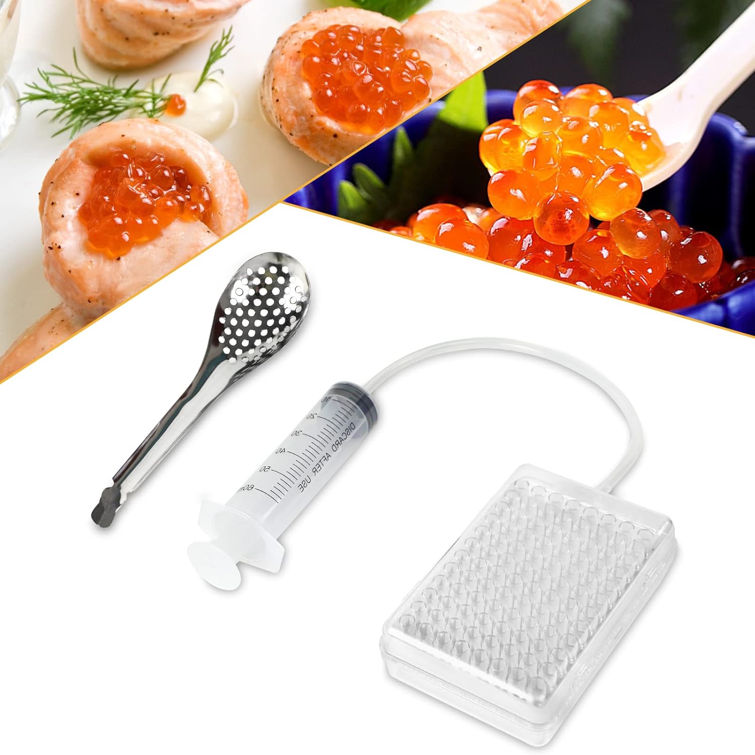 Rapid Caviar Maker Kit Caviar Spherification Tool Hole Spherification Dropper Gastronomy Kit 96 Roe Sauce Dispenser Strainer Tools with Spoon & Syringe - Image 3