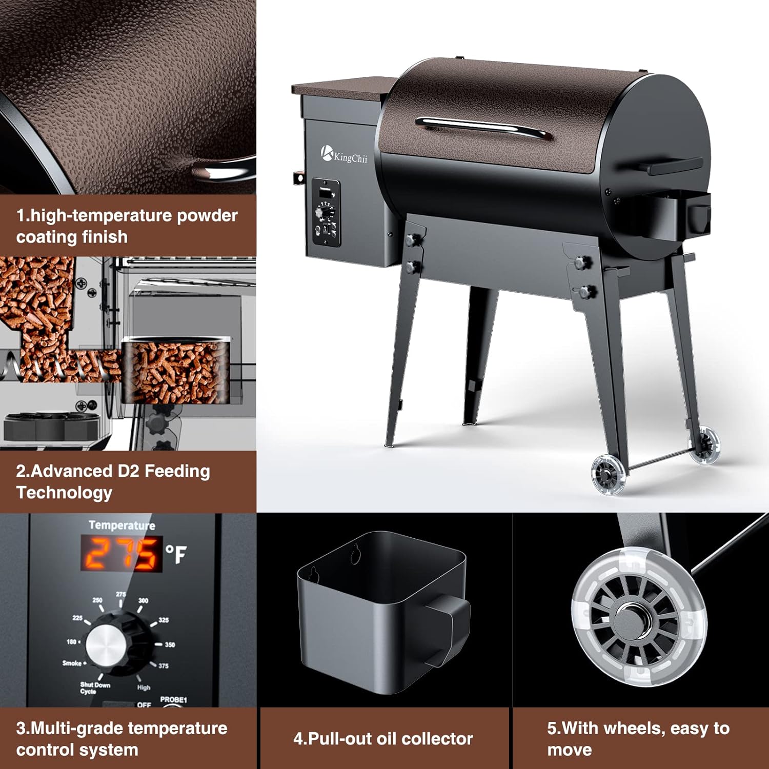 KingChii 2023 Upgrade Portable Wood Pellet Grill & Smoker Multifunctional BBQ Grill with Automatic Temperature Control Foldable Leg for Backyard Camping Cooking Bake and Roast, 341 sq in Bronze - Image 4