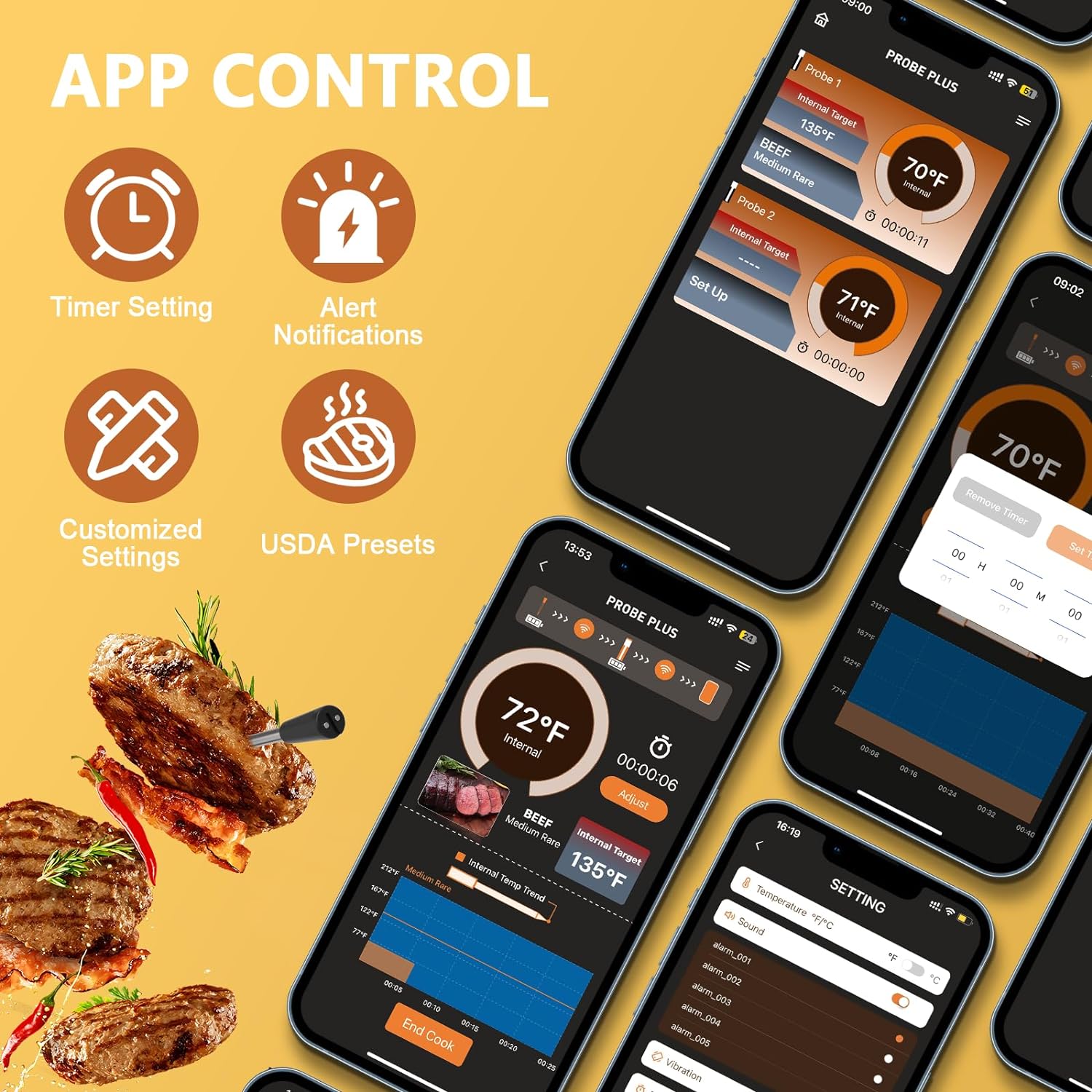 4-Probe Wireless Meat Thermometer, 400FT Wireless Range Bluetooth Meat Thermometer Digital, Probe Lasts Up to 16 Hours, Instant Read Food Thermometer for Oven, Smoker, Grill - Image 6