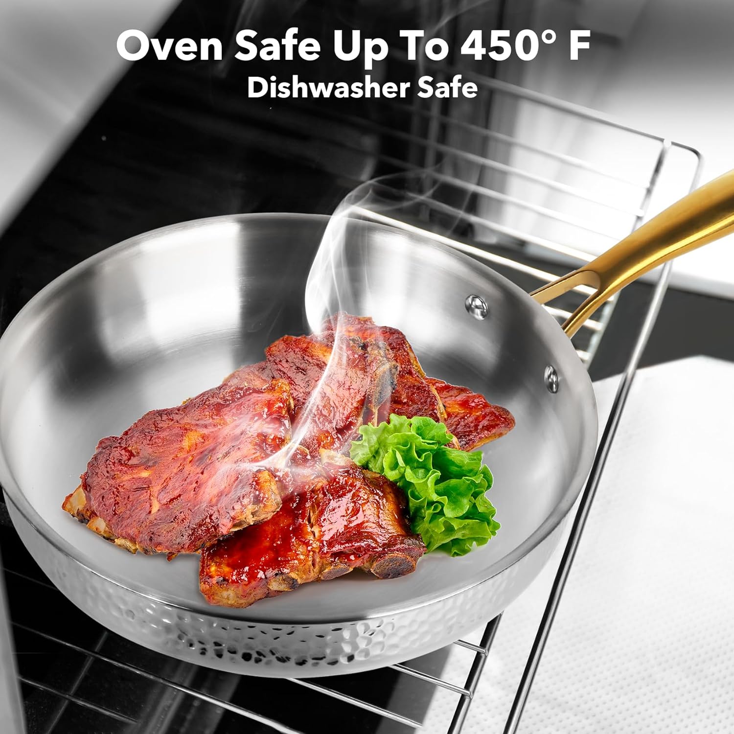 imarku Stainless Steel Pots and Pans Set, 10-Piece Tri-Ply Hammered Stainless Steel Cookware Set with Gold Handle, Professional Induction Kitchen Cookware Sets, Oven Dishwasher Safe, Non Toxic - Image 5