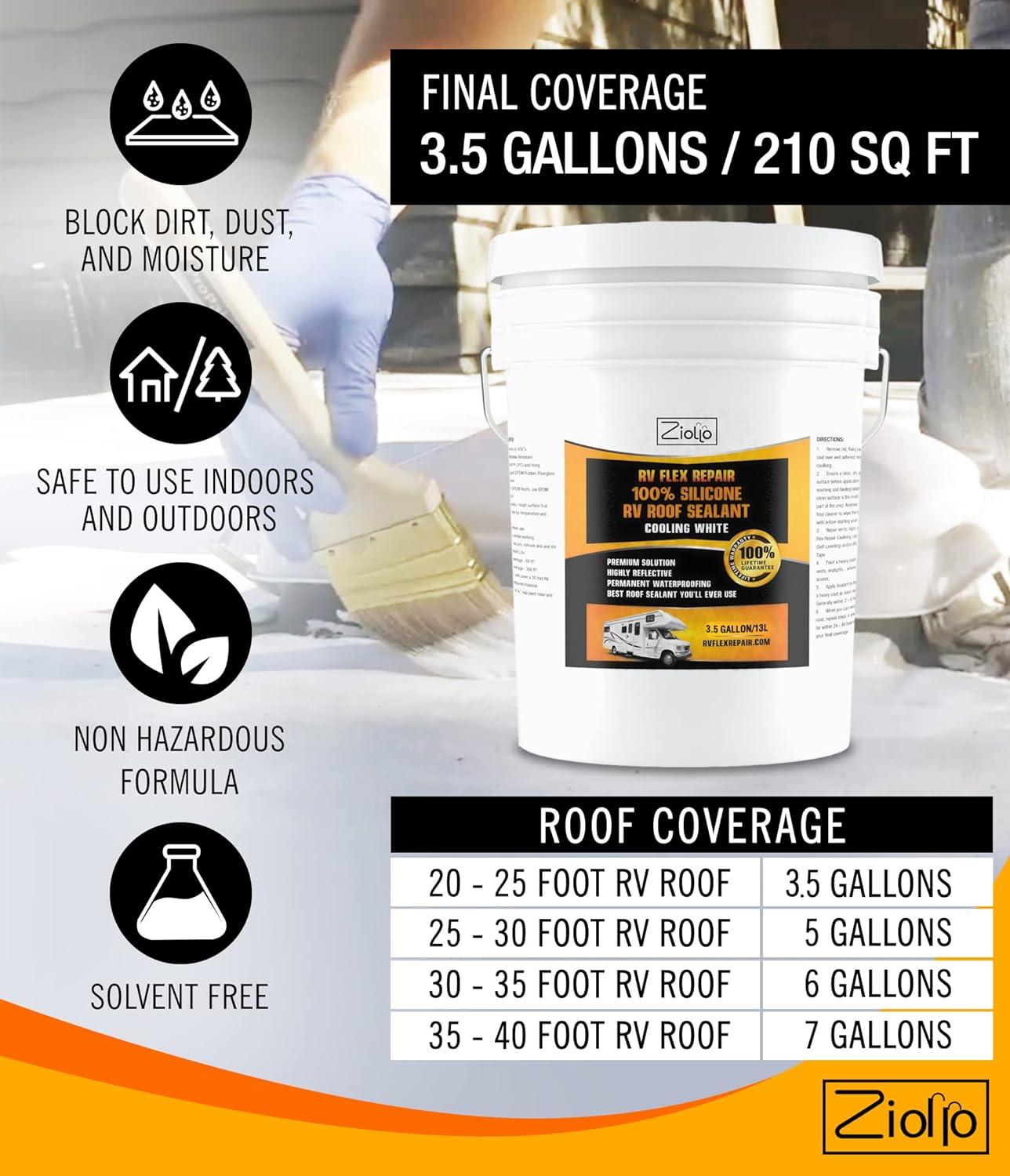 Ziollo RV Flex Repair 100% Silicone RV Roof Sealant - EPDM Rubber Coating to Waterproof Metal and Fiberglass on Motorhomes, Trailers, Campers (White, 3.5 Gallon) - Image 5