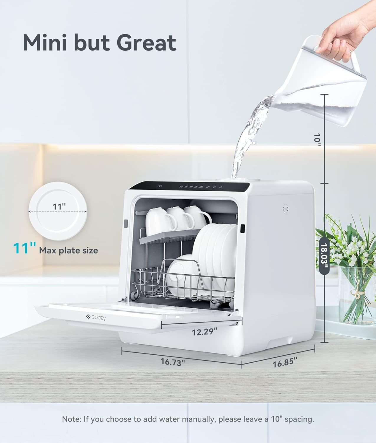 ecozy Portable Dishwasher Countertop, Mini Dishwasher with a Built-in 5L Water Tank, No Hookup Needed, 6 Washing Programs, Extra Air Drying Function for Apartments, Camping and RV - Image 3
