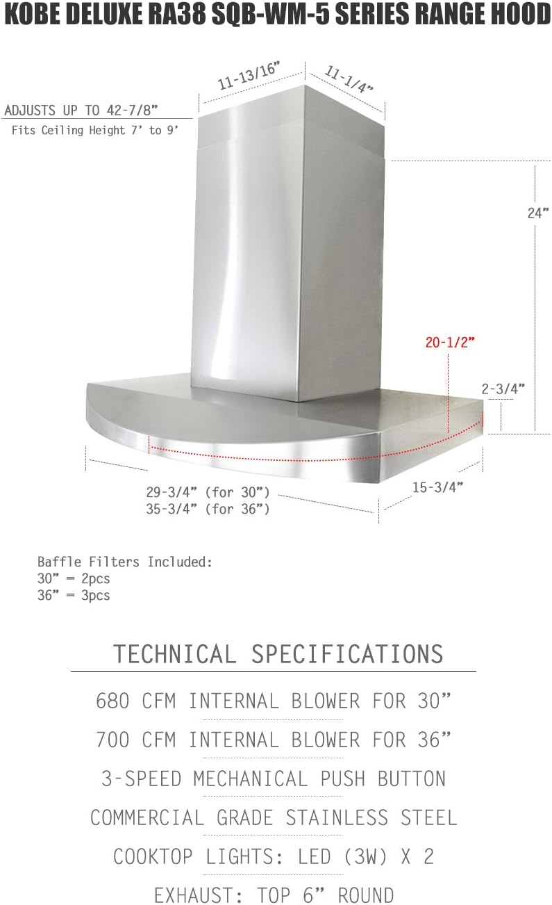 KOBE RA3836SQB-WM-5 Deluxe 36" Wall Mount Range Hood, 3-Speed, 700 CFM, LED Lights, Baffle Filters, Stainless steel - Image 3