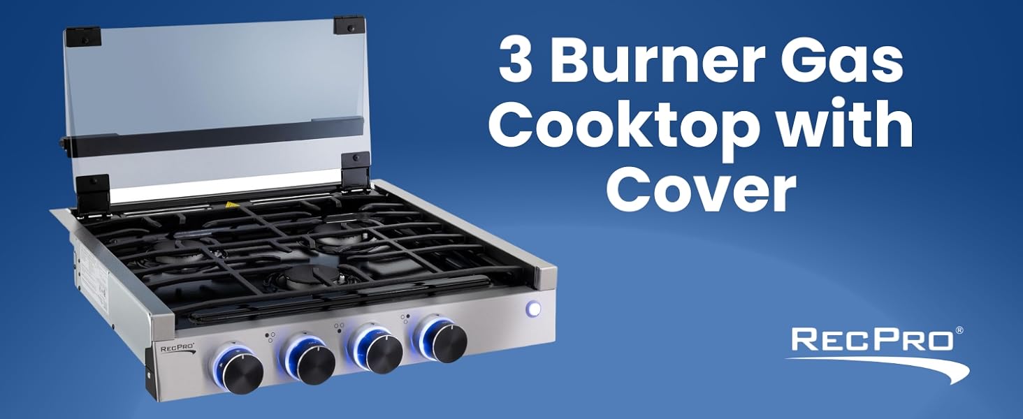 Stainless steel 3 burner cooktop with cover.