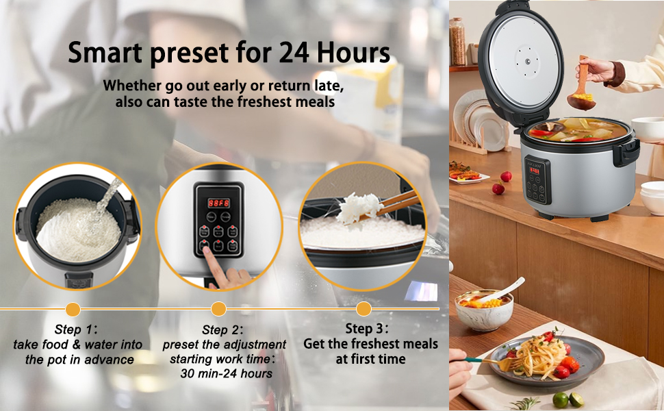 60 cup cooked commercial large rice cooker & food warmer with smart preset for 24 Hours