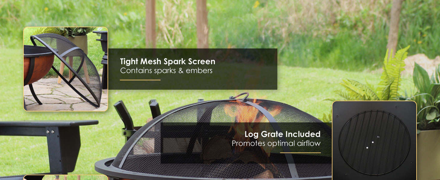 32 Inch Raised Outdoor Fire Pit Bowl with tight mesh Spark Screen, log grate included