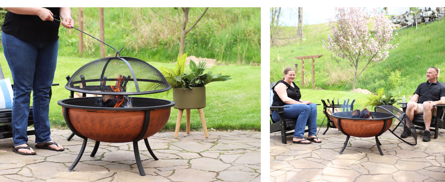 32 Inch Raised Outdoor Fire Pit Bowl, tight mesh screen included