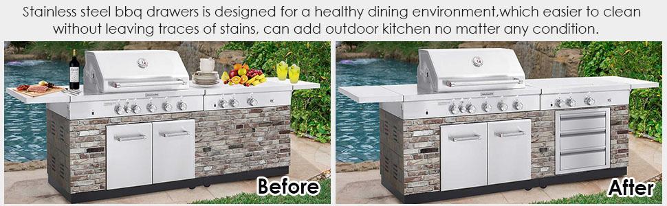 stainless steel drawers for outdoor kitchen grilling station or commercial bbq island with handle