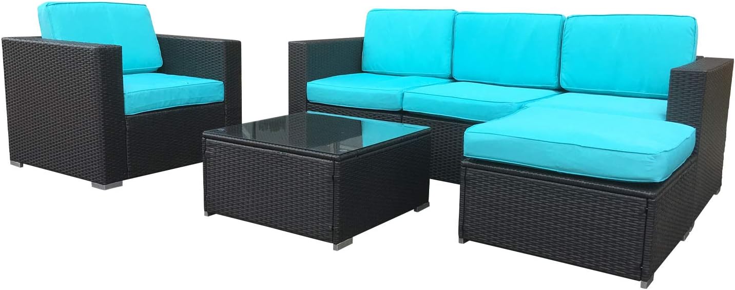 AcePRO Rio 6 Piece Patio Conversation Garden Sectional Sofa Outdoor Furniture Couch Set, Brown Wicker and Beige Cushion, Blue (WIT200038) - Image 3