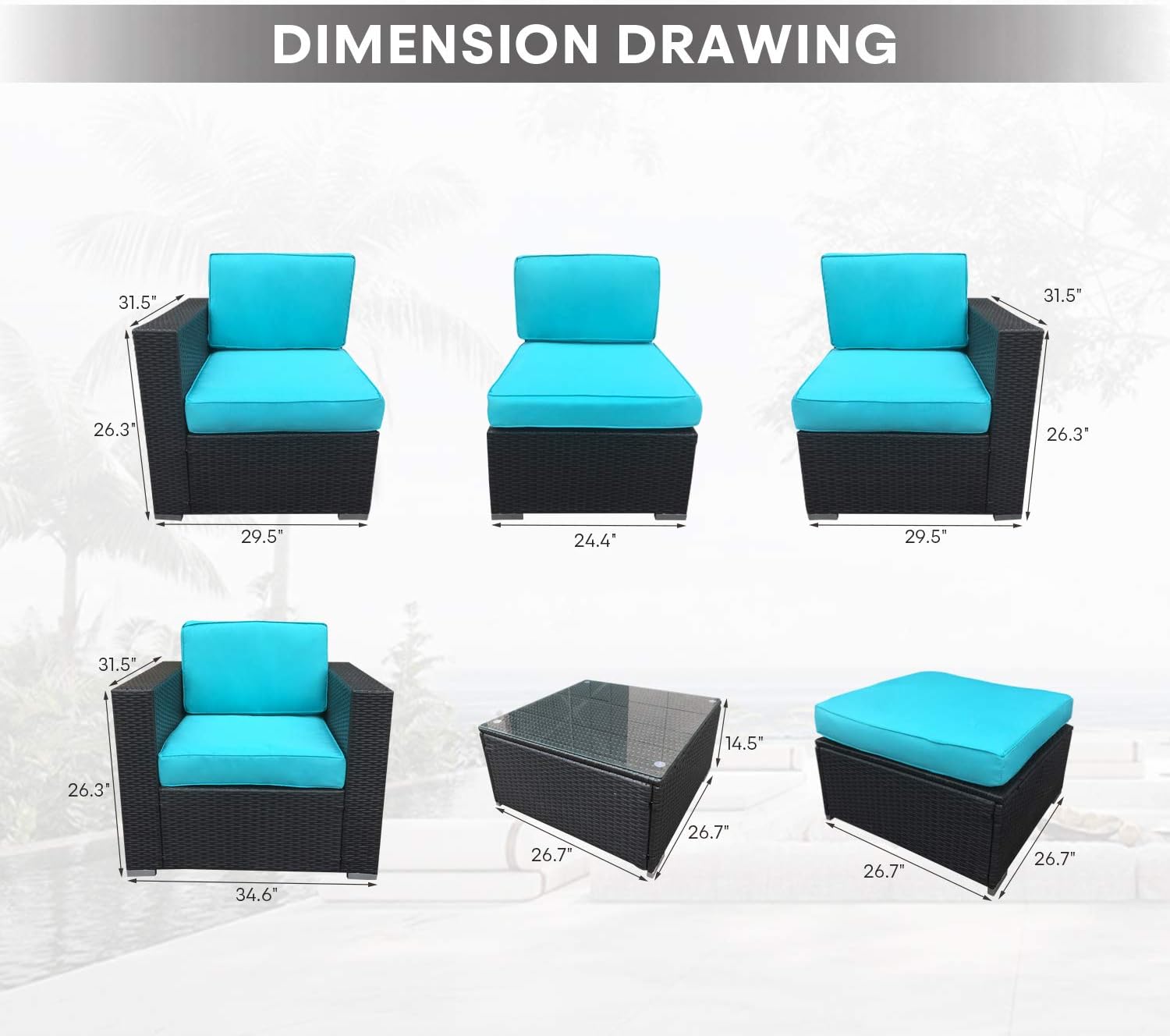 AcePRO Rio 6 Piece Patio Conversation Garden Sectional Sofa Outdoor Furniture Couch Set, Brown Wicker and Beige Cushion, Blue (WIT200038) - Image 8