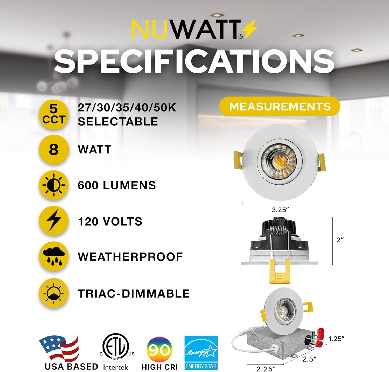 NUWATT 3 Inch Round LED Gimbal Recessed Lighting, Canless All-in-1 LED Ceiling Light with 5 CCT Color Switch 2700K - 5000K, 8W, 600 Lumens, 120V, Dimmable, New Construction, White Trim, 16 Pack - Image 2
